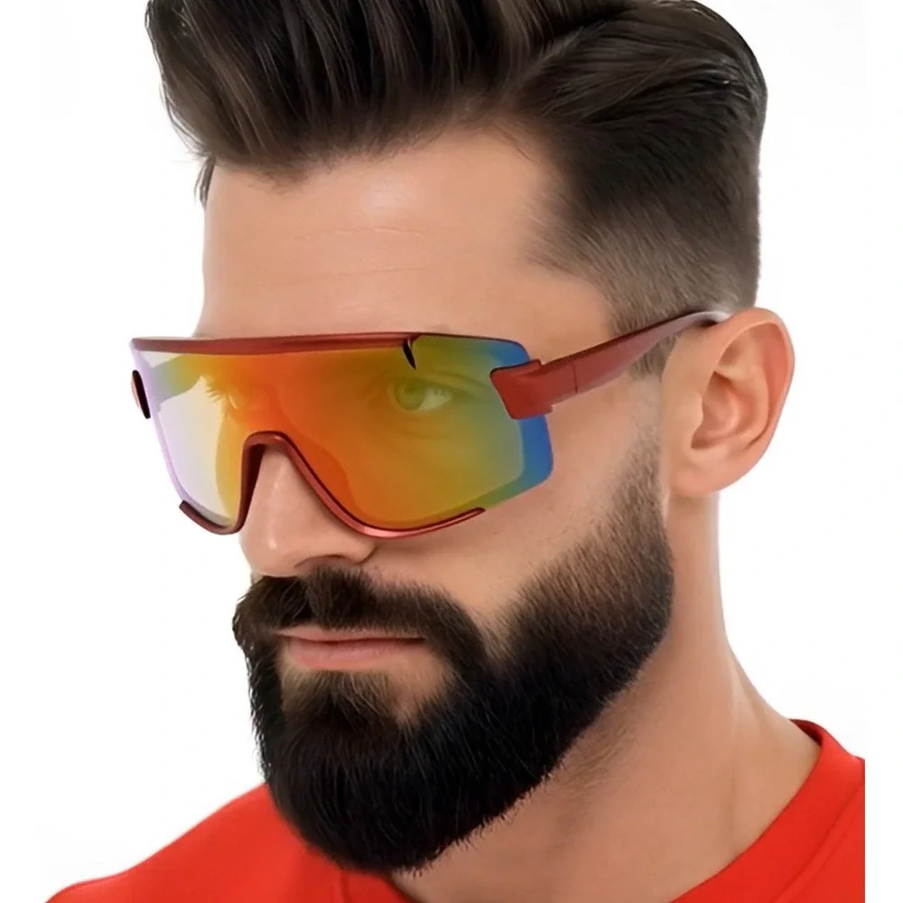 Red Oversized Shield Sunglasses‎ Futuristic Mirrored Lens Sporty Visor Eyewear